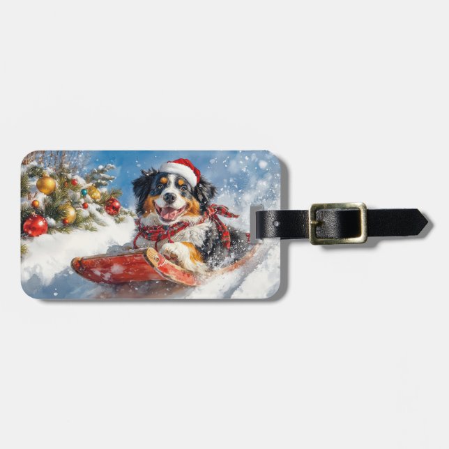 Bernese Mountain Dog in Sledge Christmas Luggage Tag (Front Horizontal)