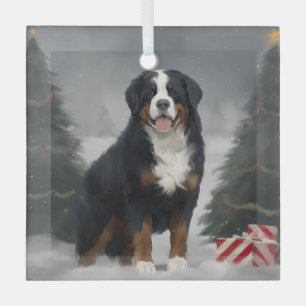 Bernese Mountain Dog in Snow Christmas  Glass Tree Decoration