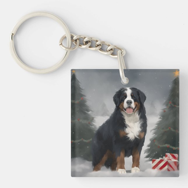 Bernese Mountain Dog in Snow Christmas  Key Ring (Front)