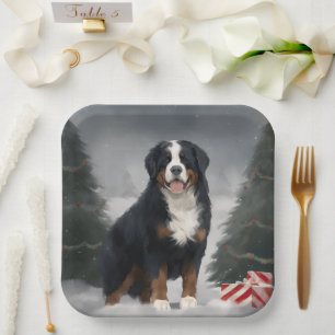 Bernese Mountain Dog in Snow Christmas  Paper Plate