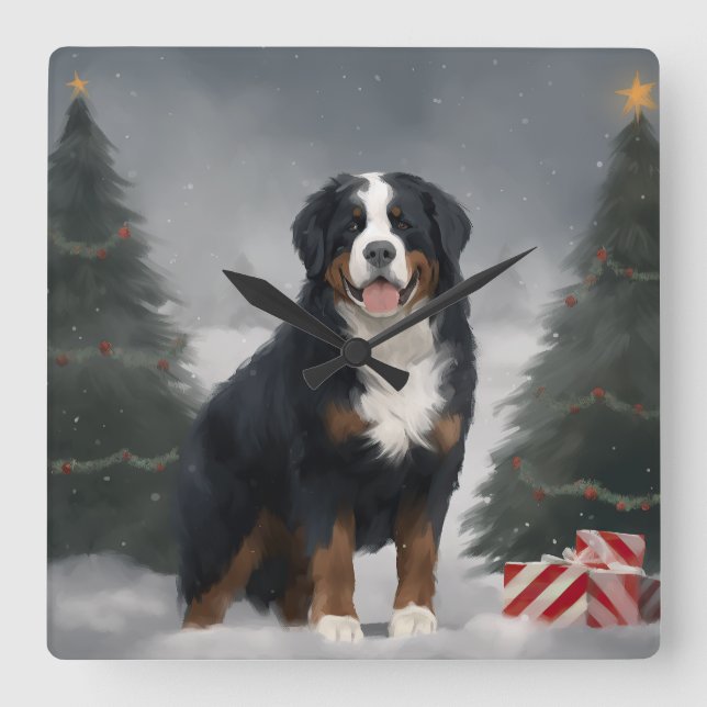 Bernese Mountain Dog in Snow Christmas  Square Wall Clock (Front)