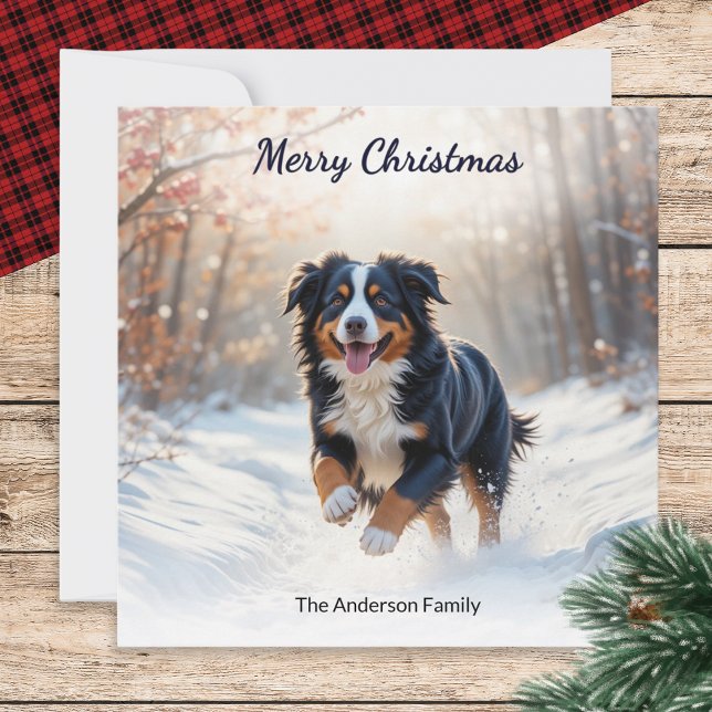 Bernese Mountain Dog in Snow Watercolor Christmas Holiday Card (A personalized Christmas card, with watercolor-style picture of a Bernese Mountain Dog in the snow)