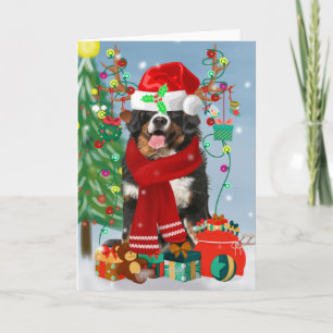 Bernese Mountain Dog in Snow with Christmas Gifts  Card