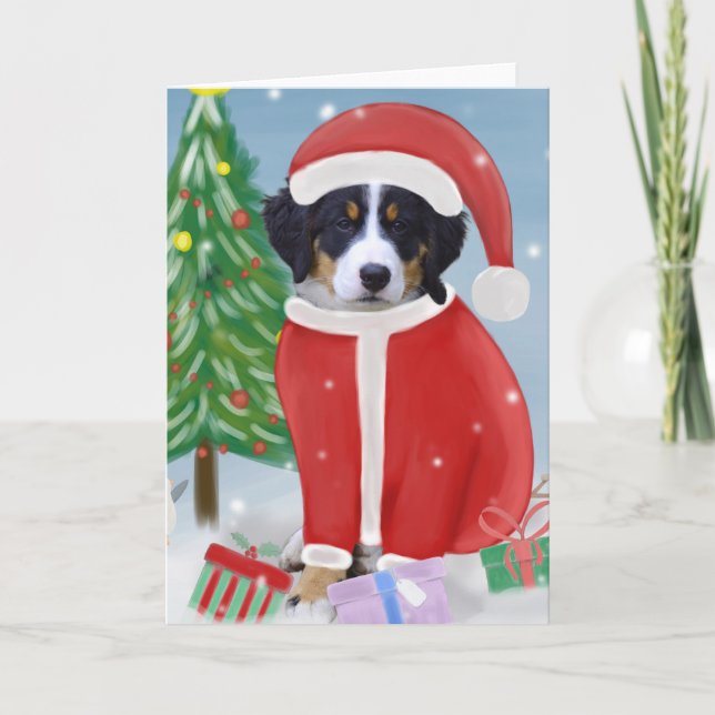 Bernese Mountain Dog in Snow with Christmas Gifts  Card (Front)