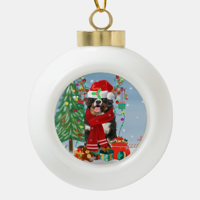 Bernese Mountain Dog in Snow with Christmas Gifts  Ceramic Ball Christmas Ornament (Front)