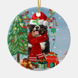 Bernese Mountain Dog in Snow with Christmas Gifts Ceramic Ornament