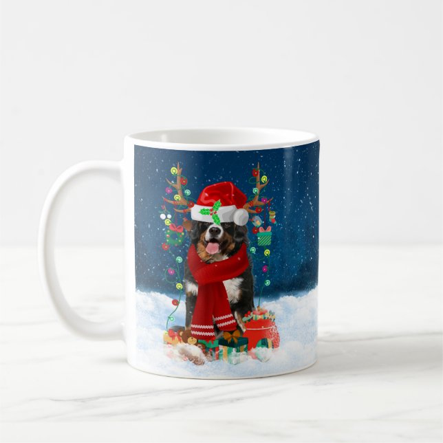 Bernese Mountain Dog in Snow with Christmas Gifts  Coffee Mug (Left)