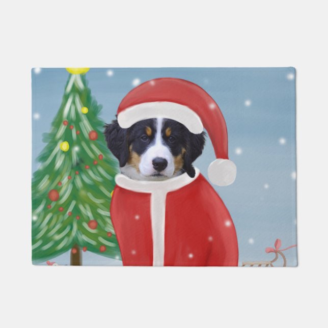 Bernese Mountain Dog in Snow with Christmas Gifts  Doormat (Front)