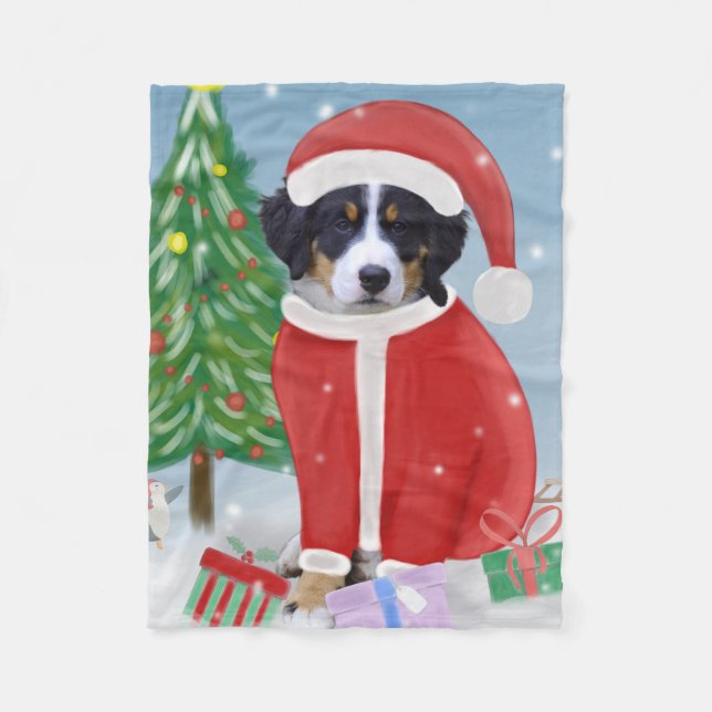 Bernese Mountain Dog in Snow with Christmas Gifts Fleece Blanket (Front)