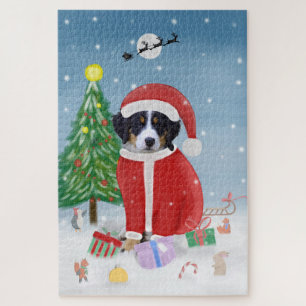 Bernese Mountain dog in Snow with Christmas Tree Jigsaw Puzzle