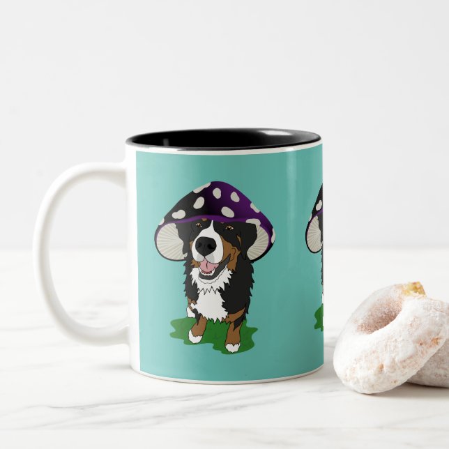 Bernese Mountain Dog Mushroom Cap  Two-Tone Coffee Mug (With Donut)