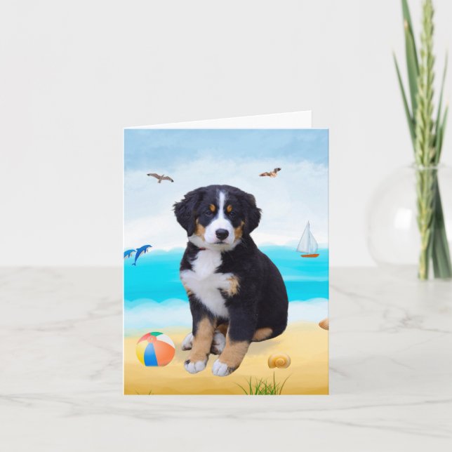 Bernese Mountain Dog on Beach Card (Front)