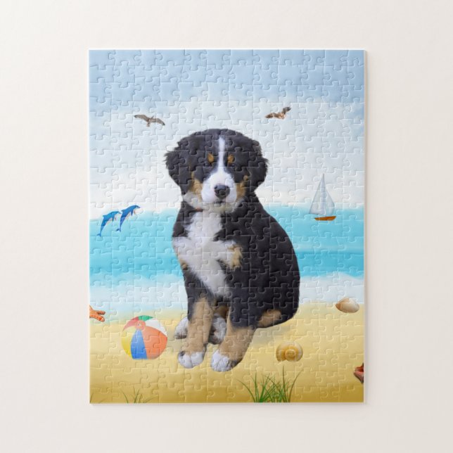 bernese mountain dog on beach jigsaw puzzle (Vertical)