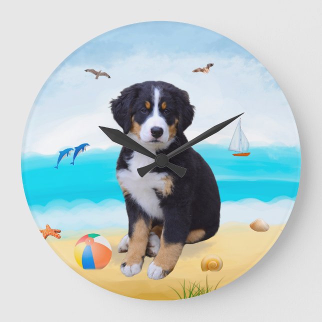 Bernese Mountain Dog on Beach Large Clock (Front)
