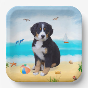 Bernese Mountain Dog on Beach Paper Plate
