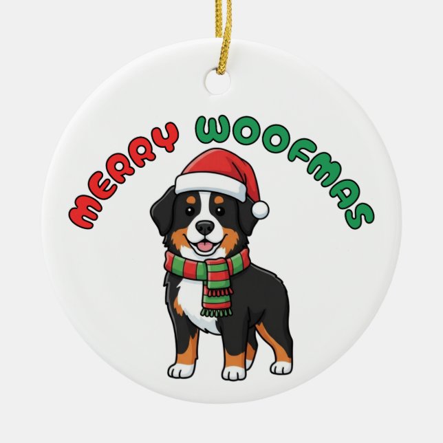 Bernese Mountain Dog Ornament: Merry Woofmas Ceramic Ornament (Front)