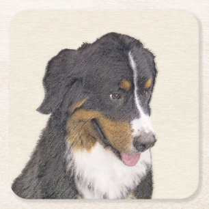 Bernese Mountain Dog Painting - Original Dog Art Square Paper Coaster