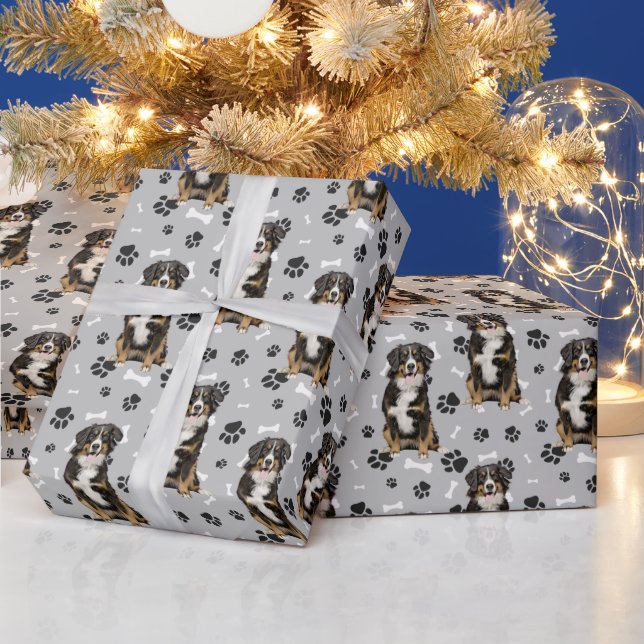Bernese Mountain Dog Paw Print Pattern Wrapping Paper (Holidays)