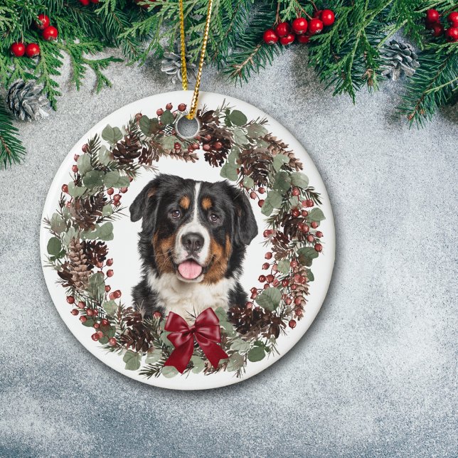 Bernese Mountain Dog Pinecone Wreath Personalised Ceramic Ornament (Creator Uploaded)