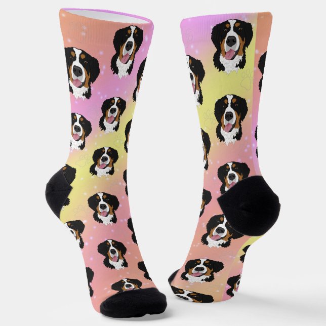 Bernese Mountain Dog  Pink Yellow Orange  Socks (Angled)