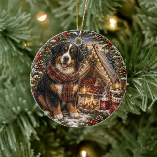 Bernese Mountain Dog Plaid Scarf Camping Tent Ceramic Ornament