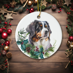 Bernese Mountain Dog Portrait Holly Wreath Ceramic Ornament