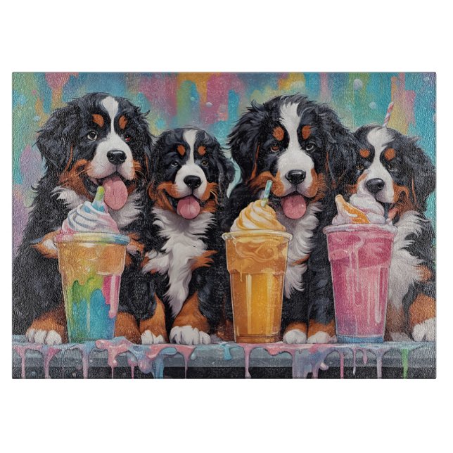 Bernese Mountain Dog Puppies drinking milkshakes Cutting Board (Front)