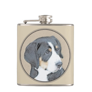 Bernese Mountain Dog Puppy Painting - Original Art Hip Flask
