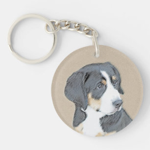 Bernese Mountain Dog Puppy Painting - Original Art Key Ring