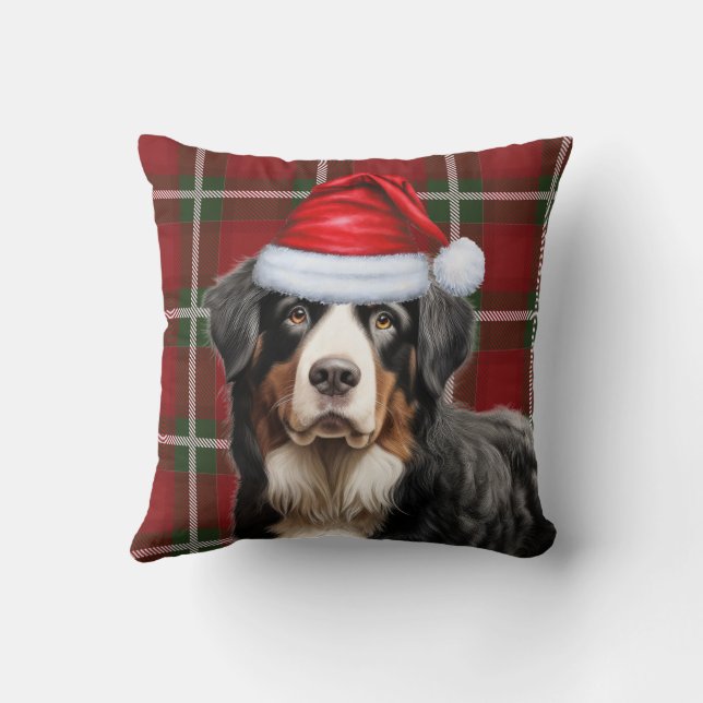 Bernese Mountain Dog Red Green Plaid Christmas Cushion (Back)
