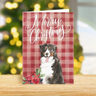 Bernese Mountain Dog Red Plaid Christmas Holiday Card