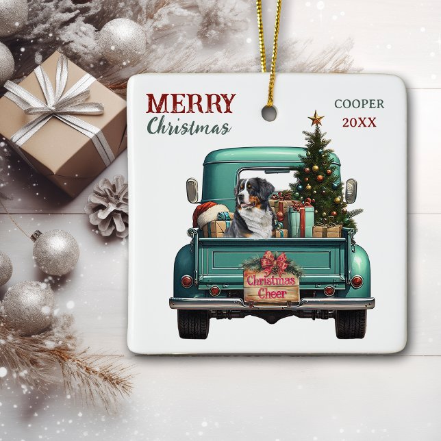 Bernese Mountain Dog Retro Truck Christmas Ceramic Ornament (Creator Uploaded)