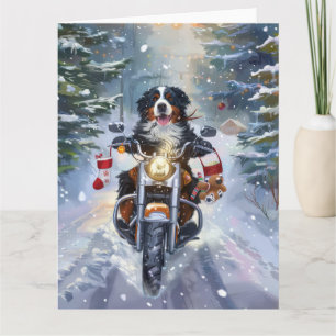 Bernese Mountain Dog Riding Motorcycle Christmas Card