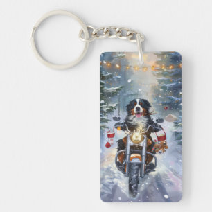 Bernese Mountain Dog Riding Motorcycle Christmas Key Ring