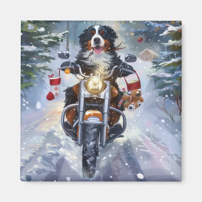 Bernese Mountain Dog Riding Motorcycle Christmas Magnet (Front)