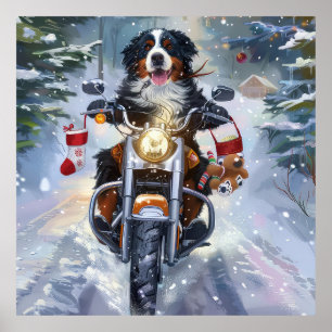 Bernese Mountain Dog Riding Motorcycle Christmas Poster