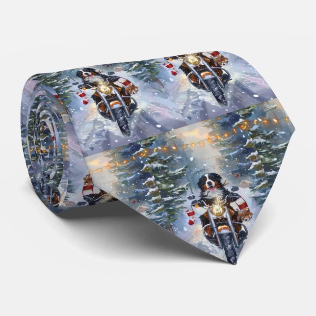 Bernese Mountain Dog Riding Motorcycle Christmas Tie (Rolled)