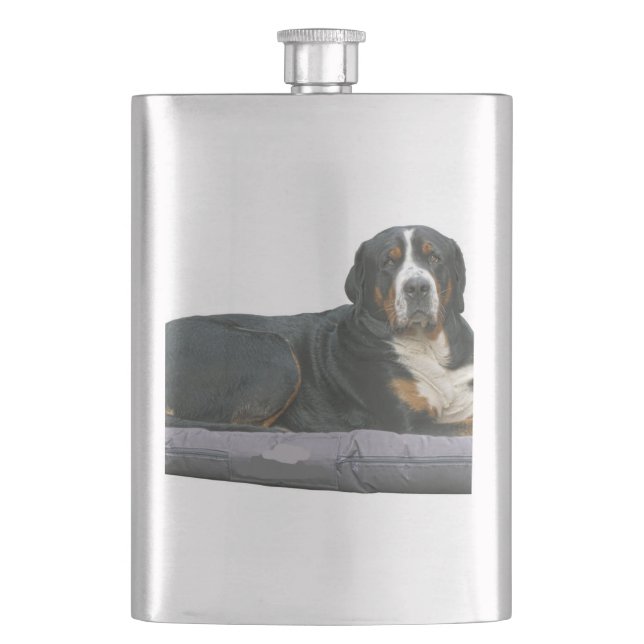 bernese mountain dog rust full laying hip flask (Front)