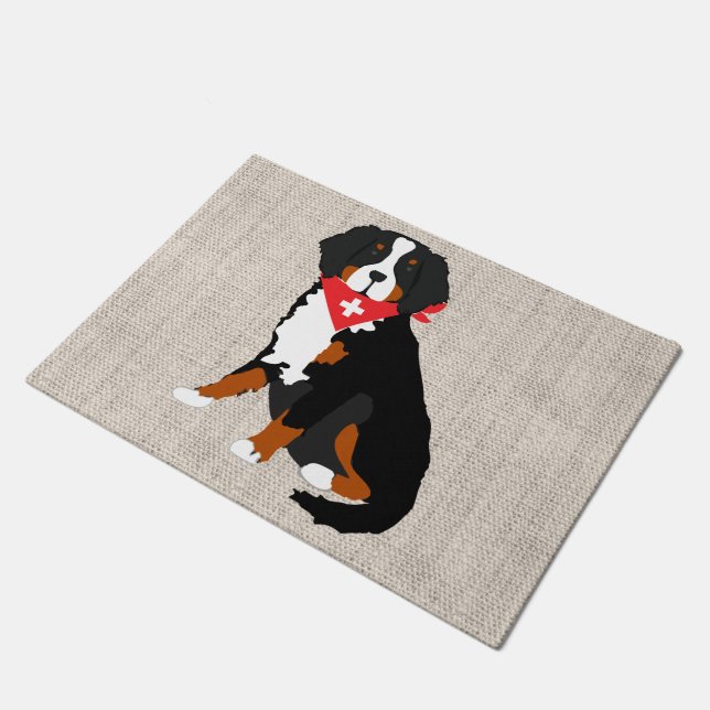 Bernese Mountain Dog Swiss Cross Tan Burlap Doormat (Angled)
