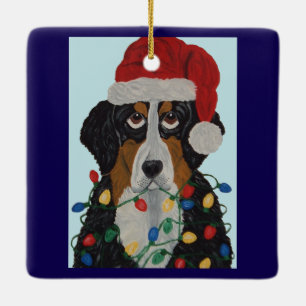 Bernese Mountain Dog Tangled In Christmas Lights Ceramic Ornament