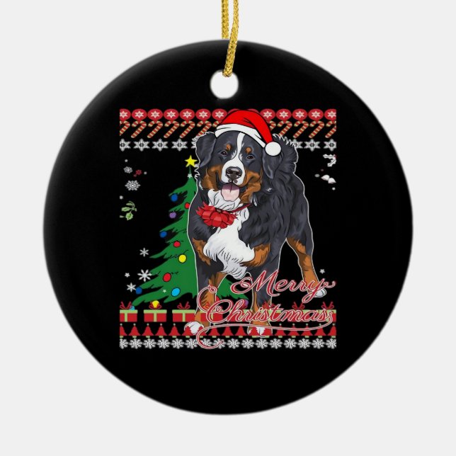 Bernese Mountain Dog Ugly Christmas Sweater Shirt  Ceramic Ornament (Front)