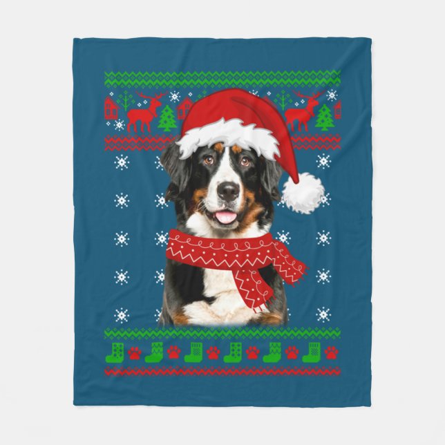 Bernese Mountain Dog Ugly Sweater Christmas Puppy Fleece Blanket (Front)