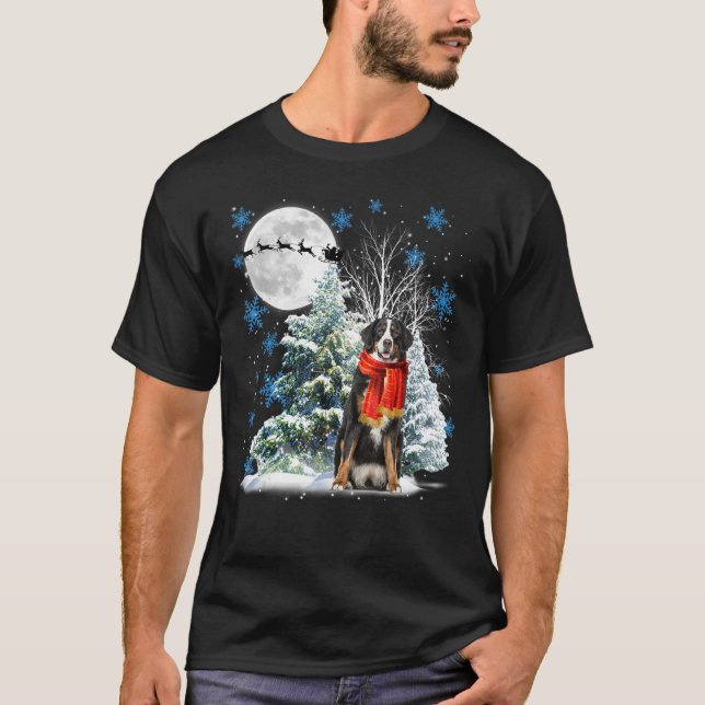 Bernese Mountain Dog Under Moonlight Snow Christma T-Shirt (Front)