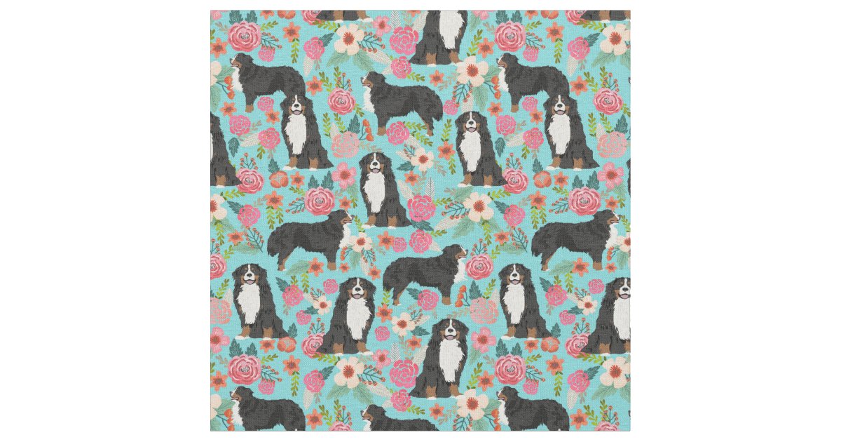 Bernese Mountain Dog vintage florals turquoise Fabric ...