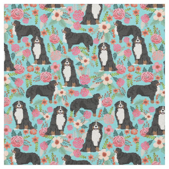 Bernese Mountain Dog vintage florals turquoise Fabric (Close Up)