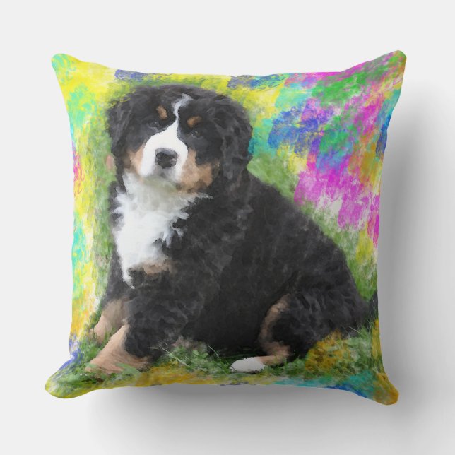 Bernese Mountain Dog Watercolor Art Painting Cushion (Front)