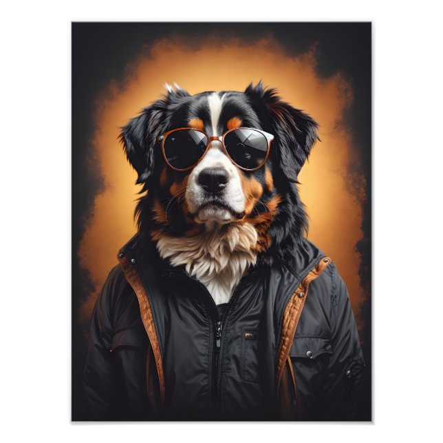 Bernese Mountain Dog Wearing Jacket And Sunglasses Photo Print (Front)