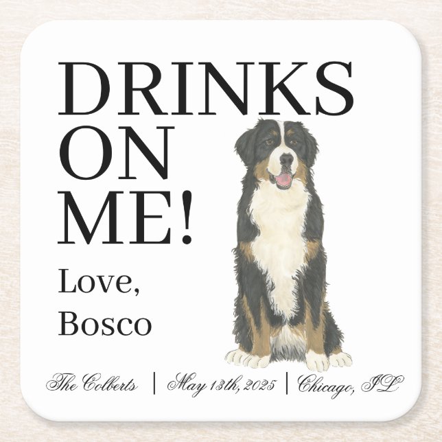 Bernese Mountain Dog Wedding Square Paper Coaster (Front)