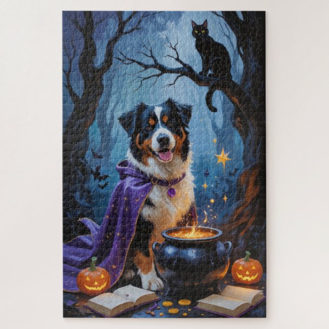 Bernese Mountain Dog Whimsical Halloween Painting Jigsaw Puzzle (Vertical)