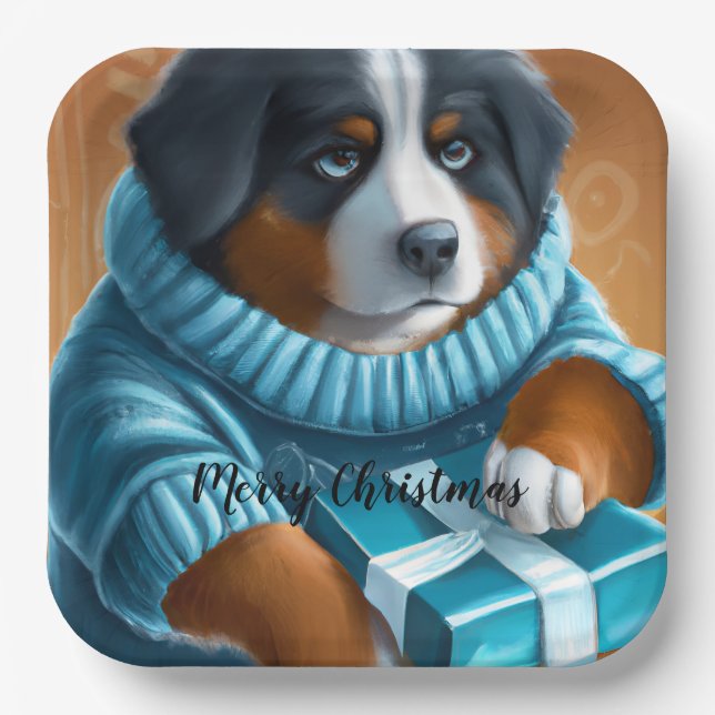 Bernese Mountain Dog With Christmas Gift Paper Plate (Front)